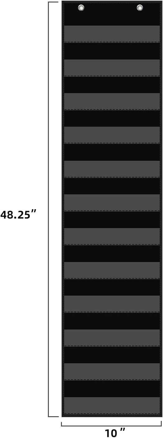 10”W x 48.25”H Classroom Words Pocket Chart with 12 Clear Pockets, Black Standard Pocket Chart for Classroom and Home for Sentence Strips, Reusable Words Hanging Pocket Chart (Black)