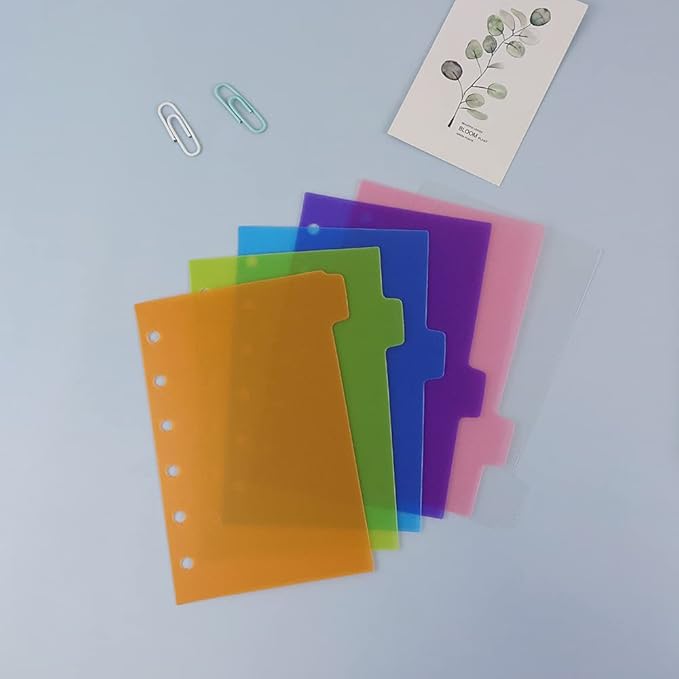 2 Pack A7 Binder Dividers 6 Tabs Bright Color Plastic Binder Index Tabs Planner Divider for Round Ring Binder Sheet Protector (Transparent, 12 Dividers)