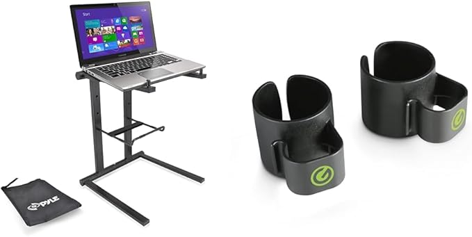 Pyle Portable Foldable Laptop Stand with Foldable Height and Accessory Tray Bundle with Gravity 35 mm Speaker Pole Cable Clips