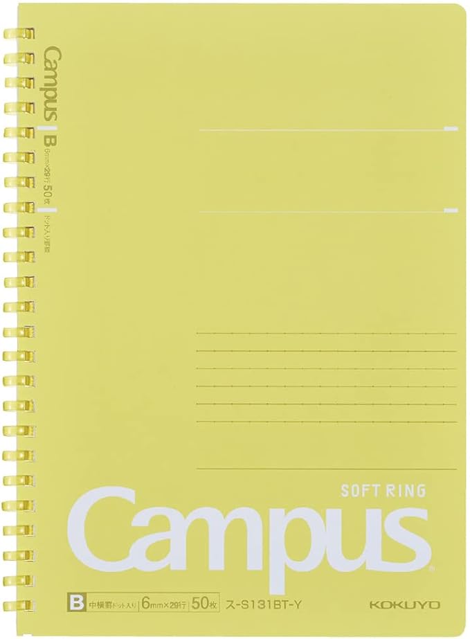 KOKUYO Spiral Lined Notebook, 8.3'' x 5.8'' Pastel Journal A5 Campus Soft Ring Notebooks with Dot 6 mm Ruled, 50 Sheets, Yellow 1 Subject Notebook, Note Taking for School. Japan Import (SU-S131BT-Y)