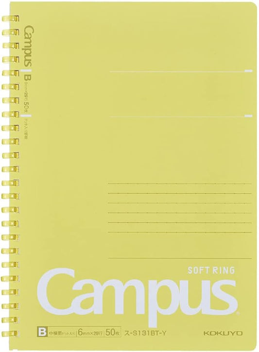 KOKUYO Spiral Lined Notebook, 8.3'' x 5.8'' Pastel Journal A5 Campus Soft Ring Notebooks with Dot 6 mm Ruled, 50 Sheets, Yellow 1 Subject Notebook, Note Taking for School. Japan Import (SU-S131BT-Y)