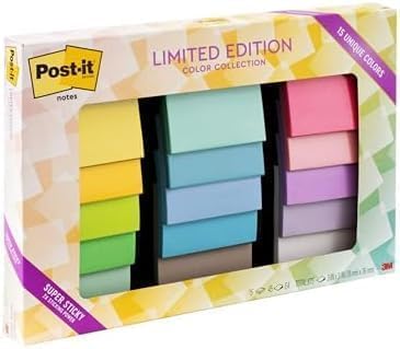 Post-it Super Sticky Notes, Limited Edition Color Collection, 3x3 in, 15 Pads, 45 Sheets/Pad (Pack of 12)
