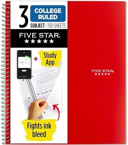 Five Star Spiral Notebook + Study App, 3 Subject, College Ruled Paper, Fights Ink Bleed, Water Resistant Cover, 8-1/2" x 11", 150 Sheets, Red (72065) (Pack of 6)