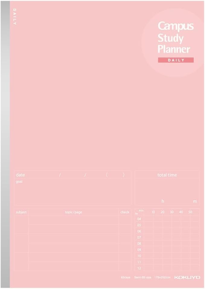 Kokuyo Campus Study Planner Notebook, Daily Ruled, Semi-B5, Light Pink, for 63 Days, Japan Import (NO-Y80MD-LP)