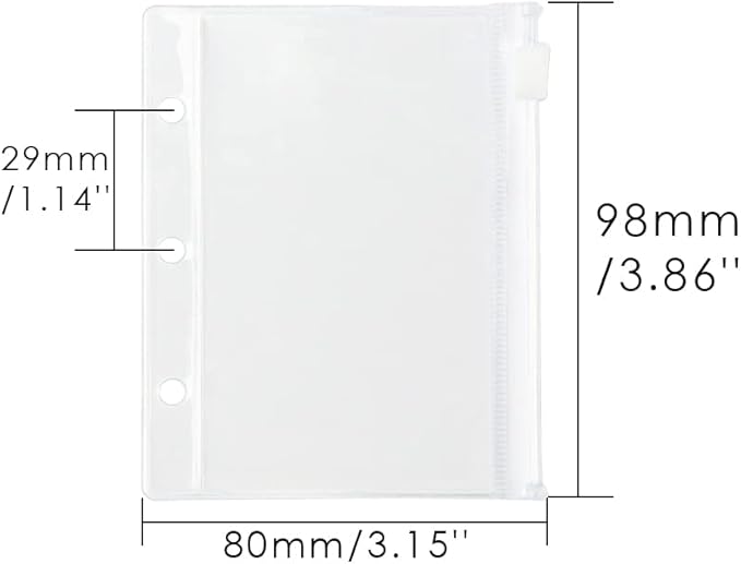 12Pack Binder Pockets Clear Mini Size Zipper Binder Pouches Bag Waterproof Loose Leaf 3 Holes Zipper Binder Pockets for Journal Budget Filing Pockets Bags