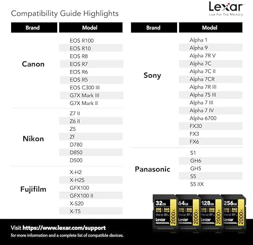 Lexar 256GB Professional 2000x SD Card, UHS-II, C10, U3, V90, Full HD, 8K, Up To 300MB/s Read SDXC Memory Card, for DSLR, Cinema-Quality Video Cameras (LSD2000256G-BNNNU)
