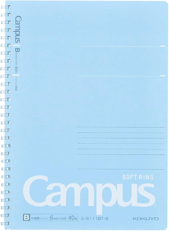 KOKUYO Spiral Lined Notebook, 10'' x 7'' Pastel Journal B5 Campus Soft Ring Notebooks with Dot 6 mm Ruled, 40 Sheets, Blue 1 Subject Notebook, Note Taking for School. Japan Import (SU-S111BT-B)