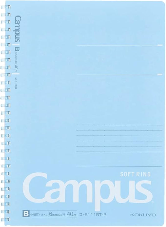 KOKUYO Spiral Lined Notebook, 10'' x 7'' Pastel Journal B5 Campus Soft Ring Notebooks with Dot 6 mm Ruled, 40 Sheets, Blue 1 Subject Notebook, Note Taking for School. Japan Import (SU-S111BT-B)