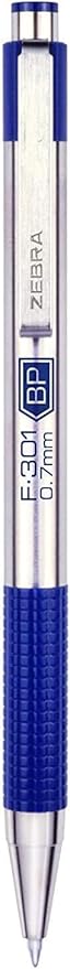 Zebra Pen F-301 Ballpoint Fine Point 0.7mm, Stainless Steel Retractable, 6 Black & 6 Blue - 12 Pack