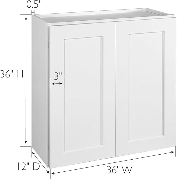 Brookings Shaker Fully Assembled Wall Kitchen Cabinet W3636, 36 W x 12 D x 36 H, Painted White, Solid Wood, Design House, 569137