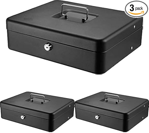SentrySafe Black Money Saving Box with Cash Tray and Key Lock,Portable Safe Box with Carrying Handle,0.21 Cubic Feet,3.75 x 12 x 9.3 Inches,CB-12,(Pack of 3)
