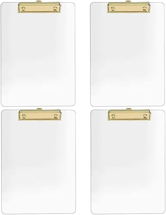 JIARI 4 Pack Clear Acrylic Office Clipboard A4 Letter Size 8.6" x 12.2" (Gold 4 Pack)