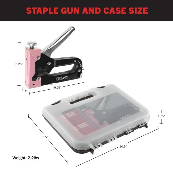 Light Duty Staple Gun - Fabric Stapler Gun for Crafts, Cardboard, Bulletin Boards or Classroom with 600 Standard 4-14mm Staples - Pink Stapler with Staples and Plastic Carrying Case by Stalwart