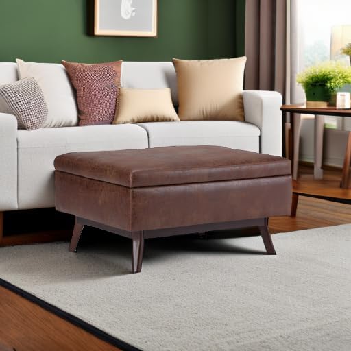 SIMPLIHOME Owen Coffee Table Storage Ottoman - 34 inch Wide Upholstered Vegan Leather Rectangular Lift-Top Ottoman in Distressed Saddle Brown, Mid-Century Bench for Living Room with Tapered Legs