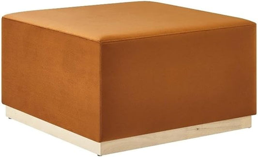 Modway Tilden 28 Inch Square Performance Velvet Upholstered Ottoman in Rust Natural - Large Ottoman Foot Rest with Rubberwood Plinth Base, Living Room Ottoman Coffee Table - Velvet Ottoman Table