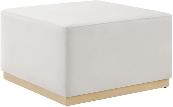 Modway Tilden 28 Inch Square Performance Velvet Upholstered Ottoman in Alabaster Natural - Large Ottoman Foot Rest with Rubberwood Plinth Base, Living Room Ottoman Coffee Table - Velvet Ottoman Table