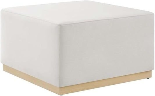 Modway Tilden 28 Inch Square Performance Velvet Upholstered Ottoman in Alabaster Natural - Large Ottoman Foot Rest with Rubberwood Plinth Base, Living Room Ottoman Coffee Table - Velvet Ottoman Table