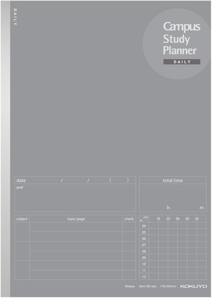 Kokuyo Campus Study Planner Notebook, Daily Ruled, Semi-B5, Gray, for 63 Days, Japan Import (NO-Y80MD-M)