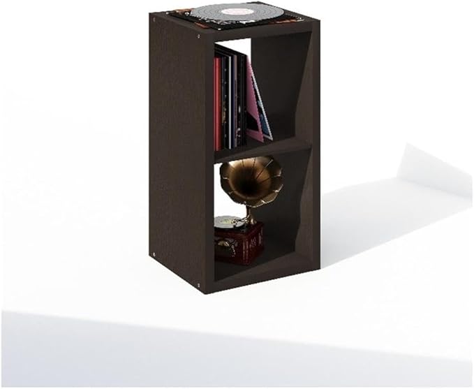 Furinno Cubicle Record Player Stand with Vinyl Storage, 2-Cube 1.2 Extra Thick Vinyl Record Storage, Open Back Media Shelf for CD DVD Blueray Game Disc, for Living Room, Home Office, Black Dark Oak