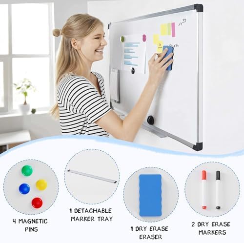 DUMOS Magnetic Whiteboard Kit for Wall 36" x 24", Dry Erase Board with 1 Dry Eraser & 2 Multicolor Markers & 4 Magnetic Pins, Sliver Reinforced Aluminum Frame for Home, School, Office