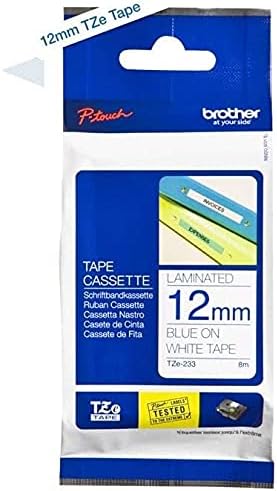 Brother Genuine P-Touch 2-Pack TZe-233 Laminated Tape, Blue Print on White Standard Adhesive Laminated Tape for P-Touch Label Makers, Each Roll is 0.47"/12mm (1/2") Wide, 26.2 (8M) Long