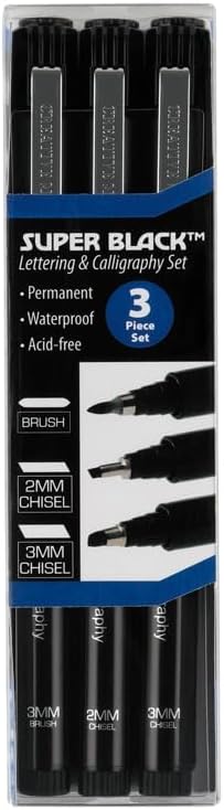 Creative Mark Calligraphy & Fineliner Pen Set of 3 Lettering & Calligraphy Drawing - Super Black, Permanent, Waterproof, & Acid-Free Chisel Nylon-Nibs Pens & Medium Brush Tip