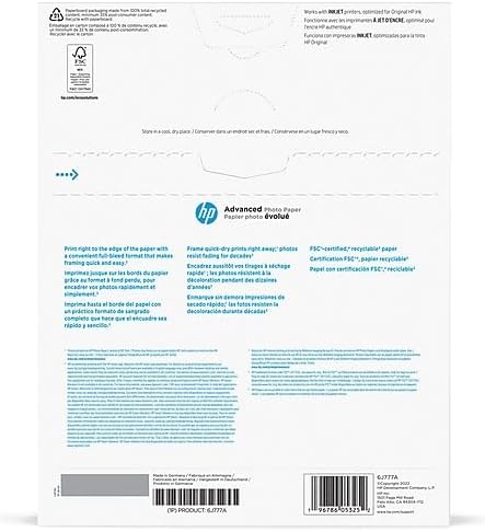 HP Advanced Photo Paper, Glossy, 65 lb, 8 x 10 in., 203 x 254 mm, 25 sheets (6J777A)