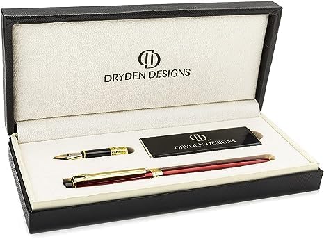 Dryden Designs Fountain Pen. Medium Nib Premium Box | 6 Ink Cartridges Included (Royal Red)