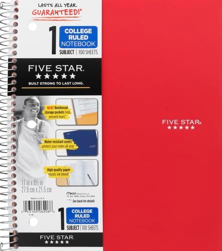 Five Star Spiral Notebooks, 1 Subject, College Ruled Paper, 100 Sheets, 11" x 8-1/2", Color Selected For You, 1 Count (06206)