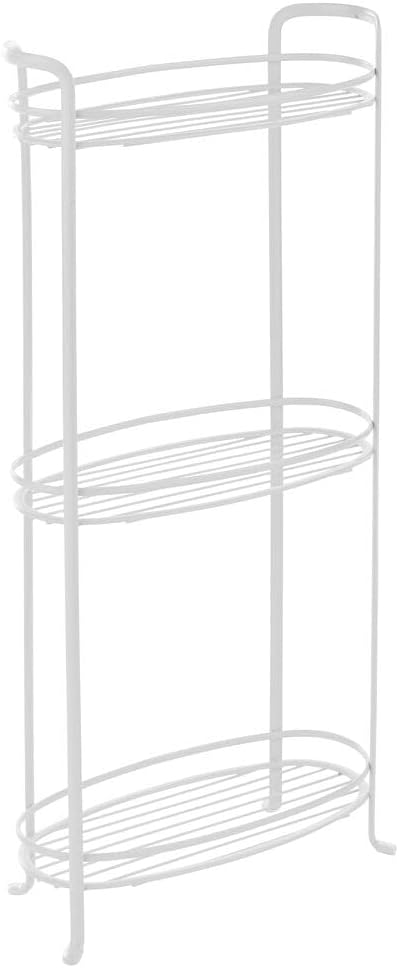 mDesign 3 Tier Vertical Standing Bathroom Shelving Unit, Decorative Metal Storage Organizer Tower Rack with 3 Basket Bins to Hold and Organize Bath Towels, Hand Soap, Toiletries - White