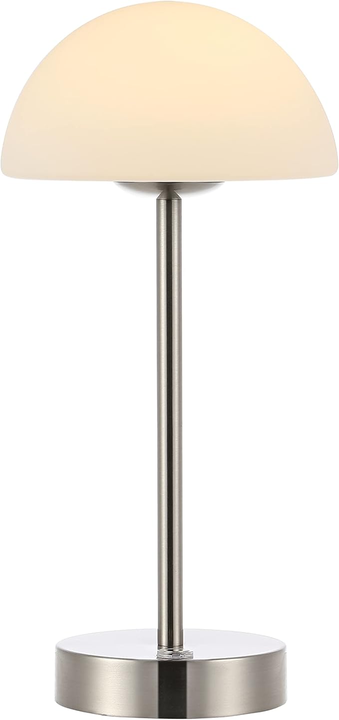 JONATHAN Y 12.5" Nickel Modern Rechargeable Portable LED Table Lamp, Cordless Dimmable Touch Accent Lamp with White Frosted Glass Shade for Bedroom Living Room Bar Vanity JYL7109A