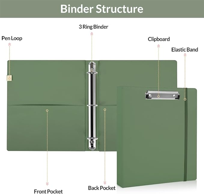SKYDUE Small 3 Ring Binder with Clipboard, 8" × 10" PU Mini 1 Inch Binder with Notepad, 5 Dividers, and Labels, Clipboard Folder Great for School Office(Fit Half Letter Sized Paper)