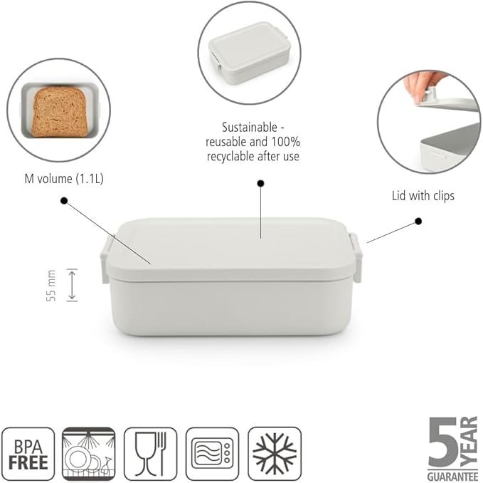 Brabantia Make & Take Medium Lunch Box (Light Gray) BPA-Free, Airtight Snap Locks, Microwave & Freezer Safe, Travel Meal Prep Container