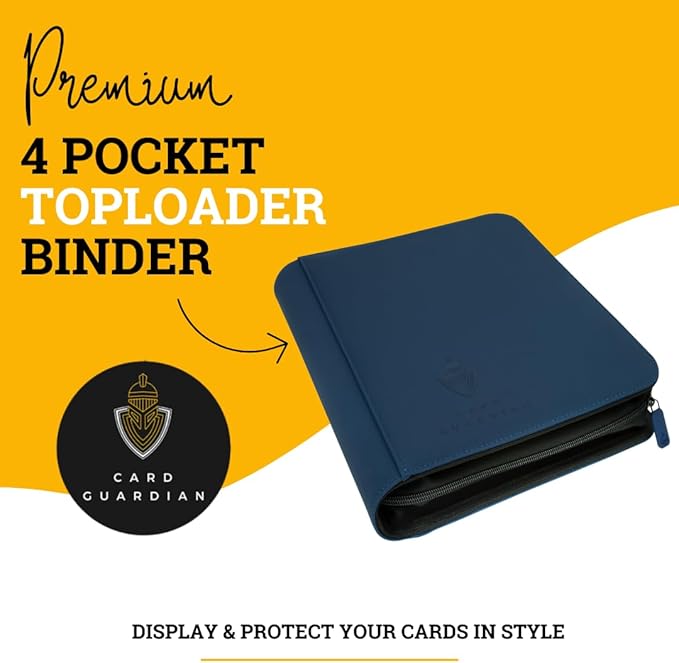 Card Guardian - Toploader 4 Pocket Premium Binder with Zipper for 160 Cards - Side Loaded Pockets - Compatible with Sports and Trading Cards TCG (Blue)