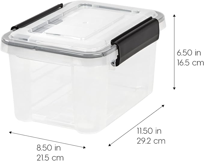 IRIS USA 7 Quart WEATHERPRO Plastic Storage Box with Durable Lid and Seal and Secure Latching Buckles, 6 Pack, Weathertight, Keep Pest Dust and Moisture Out, Clear/Black