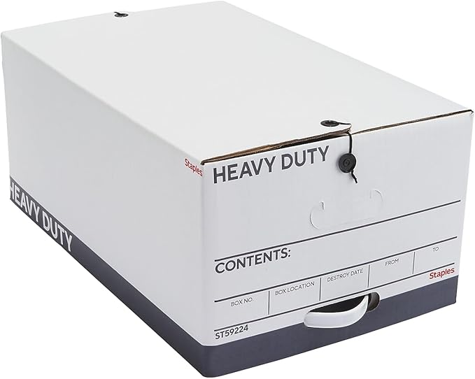 STAPLES Heavy Duty File Box, String and Button Lid, Legal, White/Gray, 4/Pack