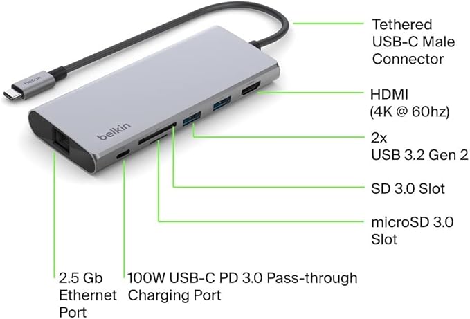 Belkin 7-in-1 USB-C Hub, Multiport Adapter Dongle with 4K 60Hz HDMI, 100W Power Delivery, 2.5Gb, 2 USB A Ports, SD and MicroSD Slot for MacBook Pro 14 and 16, iPad Pro 12.9 & 11, XPS, Surface and More