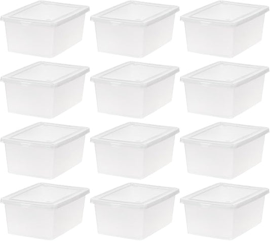 IRIS USA 12-Pack Storage Bins with Lids, 15 Quart, Shoe Boxes Clear Stackable Containers Organize Shoes Closet Shelves, Organization Teacher Tools, Game Storage - BPA-Free Plastic