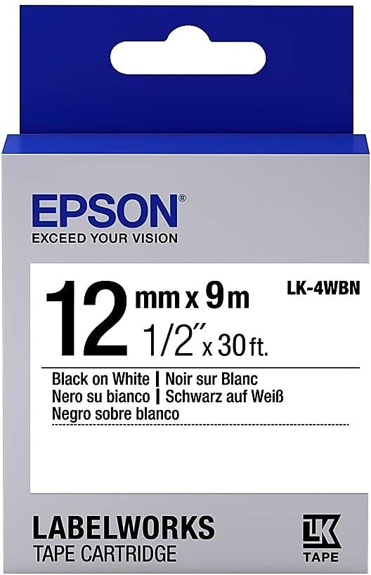 Epson LabelWorks Standard Tape Cartridge ~1/2" Black on White (LK-4WBN) - for use with LW-300, 400, 600P, 700 Label Printers