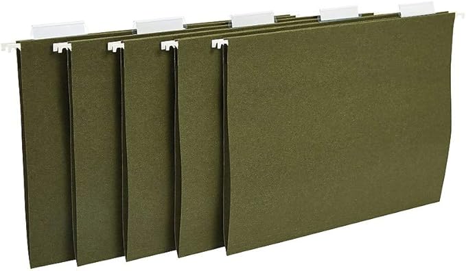 Staples Recycled Reinforced Hanging File Folders, Letter Size, 5‑Tab, Standard Green, Tear‑Resistant – 25/Box