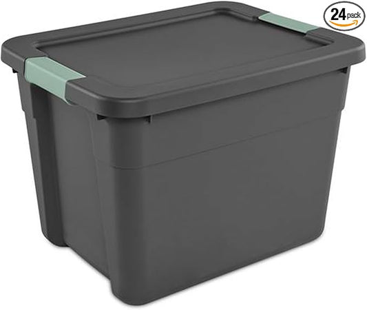 Sterilite 24 Pack Latch Tote, Stackable Plastic Storage Container, 12 Gallon, Gray/Green