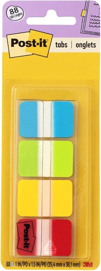 Post-it Tabs, 1 in Solid, Aqua, Lime, Yellow, Red, 22/Color, 88/Dispenser (686-ALYR1IN)