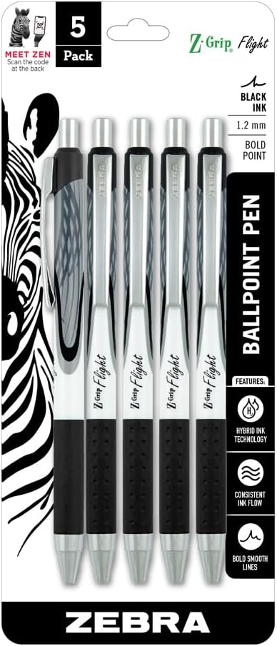 Zebra Pen Z-Grip Flight Retractable Ballpoint Pen, Bold Point 1.2mm, Black Ink, School Supplies, Teacher Supplies, and Office Supplies, Smooth Writing, Quick-Drying, 5-Pack (21915)