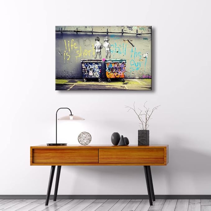 Wieco Art Large Gallery Wrapped Canvas Prints Life is Short Chill the Duck Out Banksy Boys Artwork Reproduction Graffiti Poster Print on Canvas Art for Bedroom Home Kitchen Decorations