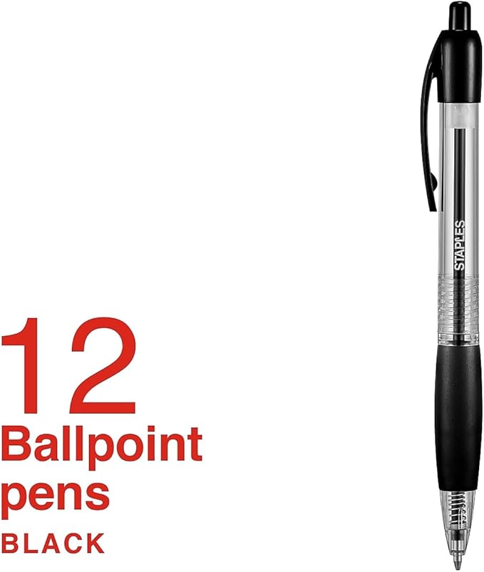 STAPLES Retractable Ballpoint Pens, Medium Point 1.0mm, Black Ink, 12 Pack – Comfortable, Smooth‑Writing Pens for Everyday Office Use