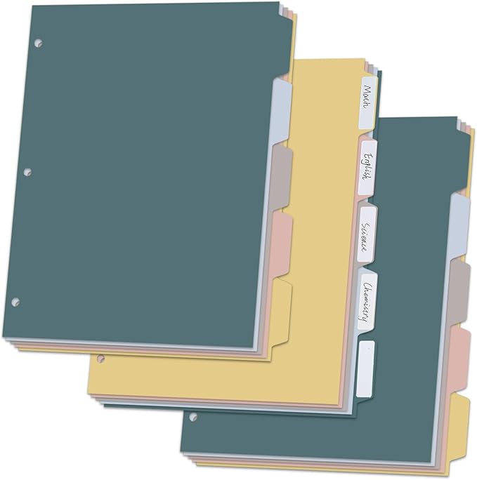 5 Tab Dividers for 3 Ring Binders, Binder Dividers with Tabs for 8.5 x 11'' Letter Size Papers, Ideal for Student Teacher, Morandi Color 3 Sets