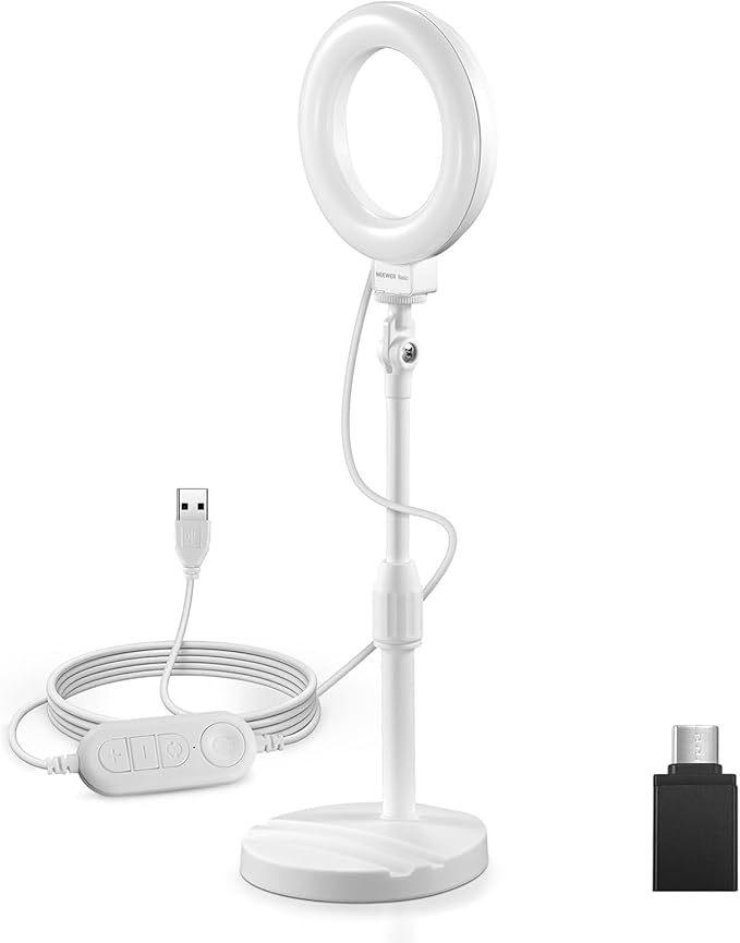 NEEWER BASICS 5"/13cm Desk Ring Light with Stand, 10W LED Selfie Light with Phone Holder Base Compatible with iPhone for Video Recording Laptop Webcam Zoom Video Conference Lighting Makeup, White BR60