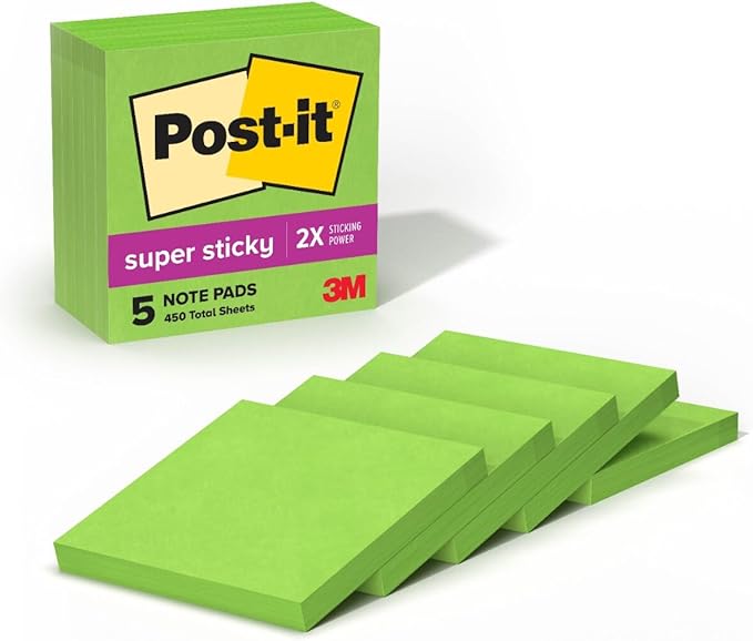 Post-it Super Sticky Notes 654-5SSLE, 3 in x 3 in (76 mm x 76 mm), Limeade - (24 Pack)