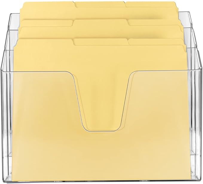 Acrimet Horizontal Triple File Folder Holder Organizer, Open-Top Desktop Document Sorter for Letter Size Papers & Folders, Includes 9 Manila Folders, Plastic Clear Crystal