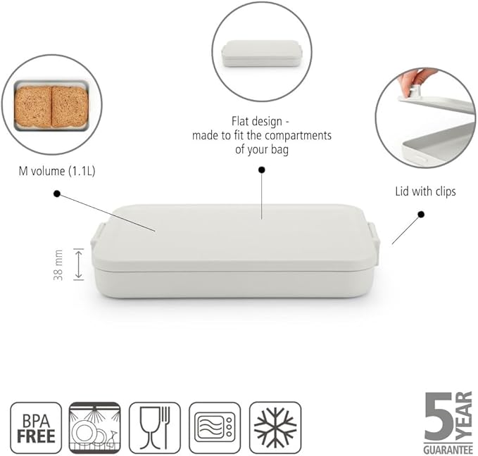 Brabantia Make & Take Flat Lunch Box (Light Gray) Convenient Size for Bags, BPA-Free, Airtight Snap Locks, Microwave & Freezer Safe, Travel Meal Prep Container